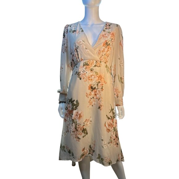 Umgee V-Neck Midi Long Sleeve Peach Floral Sheer Fully Lined Dress Size M NWT - Picture 1 of 9